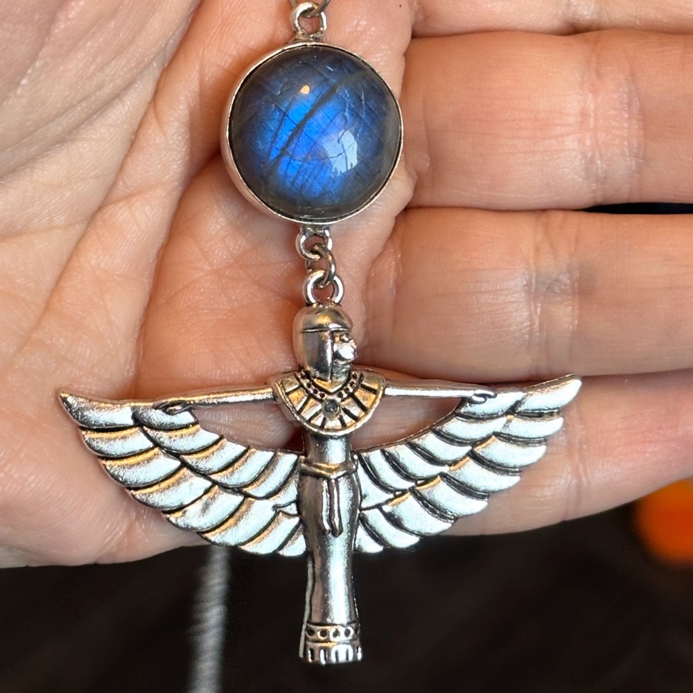 Egyptian goddess isis necklace, gothic winged goddess labradorite silver pendant